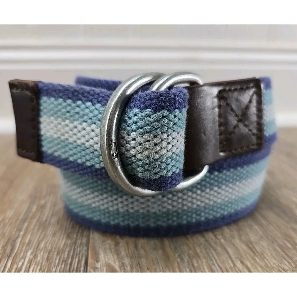 Vineyard Vines Boys Canvas D-Ring Belt Blue Stripe Canvas Leather Small (8-10)